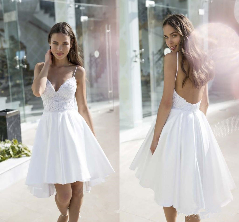 Wedding Short Dresses
 Spaghetti Lace Short Beach Wedding Dress White Bridal Gown