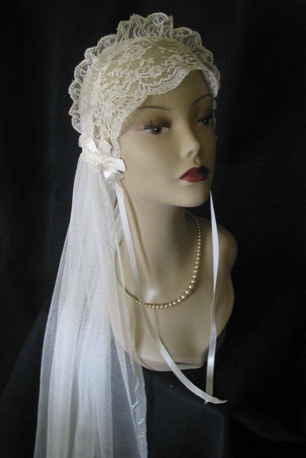 Wedding Veils Vintage Style
 Vintage 1920 s Lace Wedding Veil Ivory Satin Ribbon