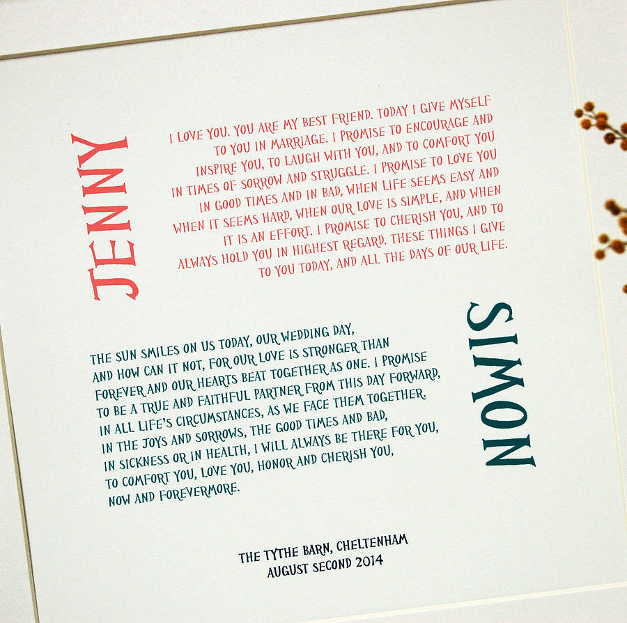 Wedding Vows Original
 wedding vows personalised print by spotty n stripy