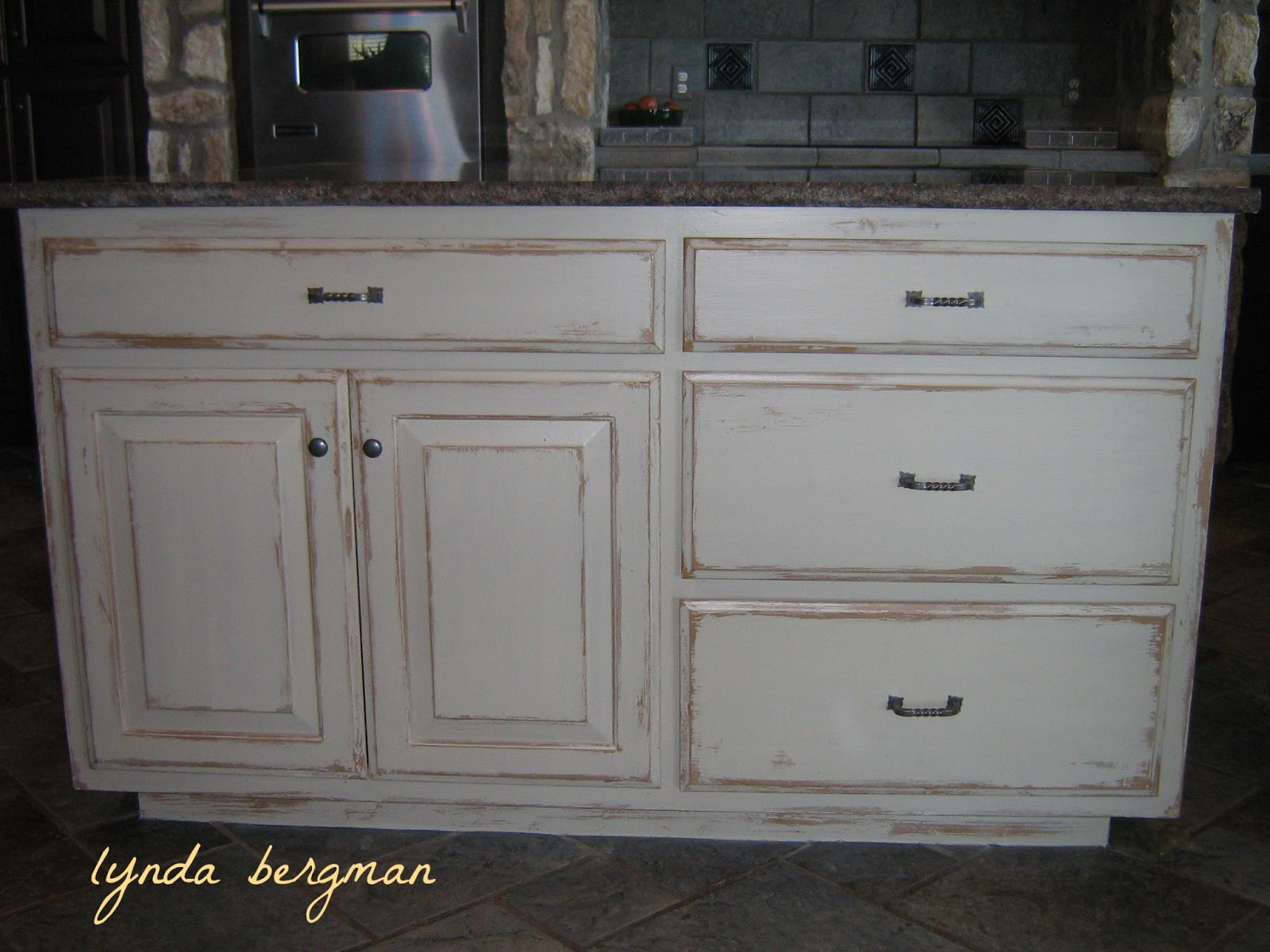 White Distressed Kitchen Cabinets
 LYNDA BERGMAN DECORATIVE ARTISAN WHITE KITCHEN CABINETS