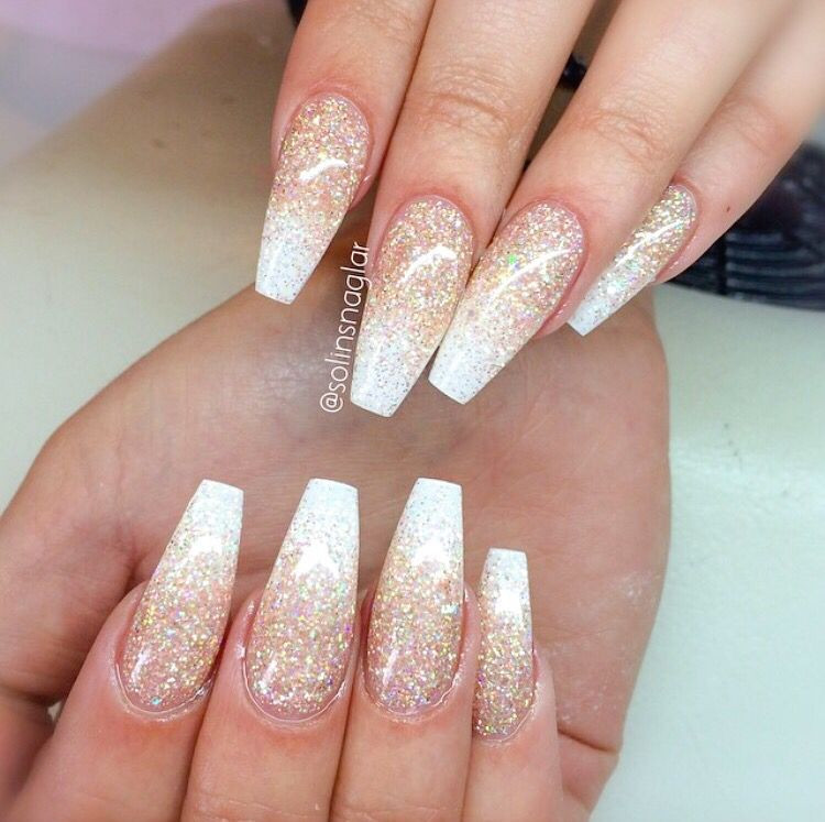 White Glitter Acrylic Nails
 White and gold coffin nails LOVE ŋąıƖʂ