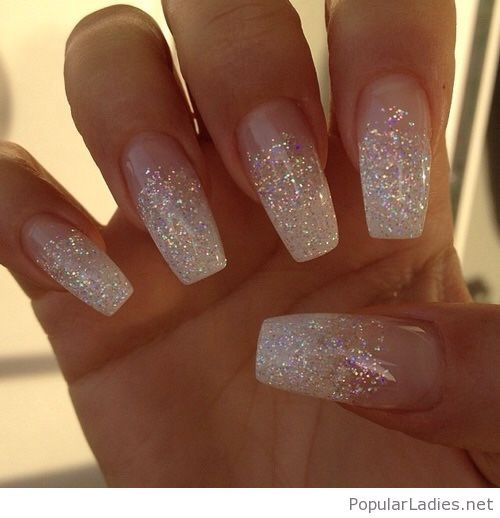 White Glitter Tip Nails
 Long white glitter nails
