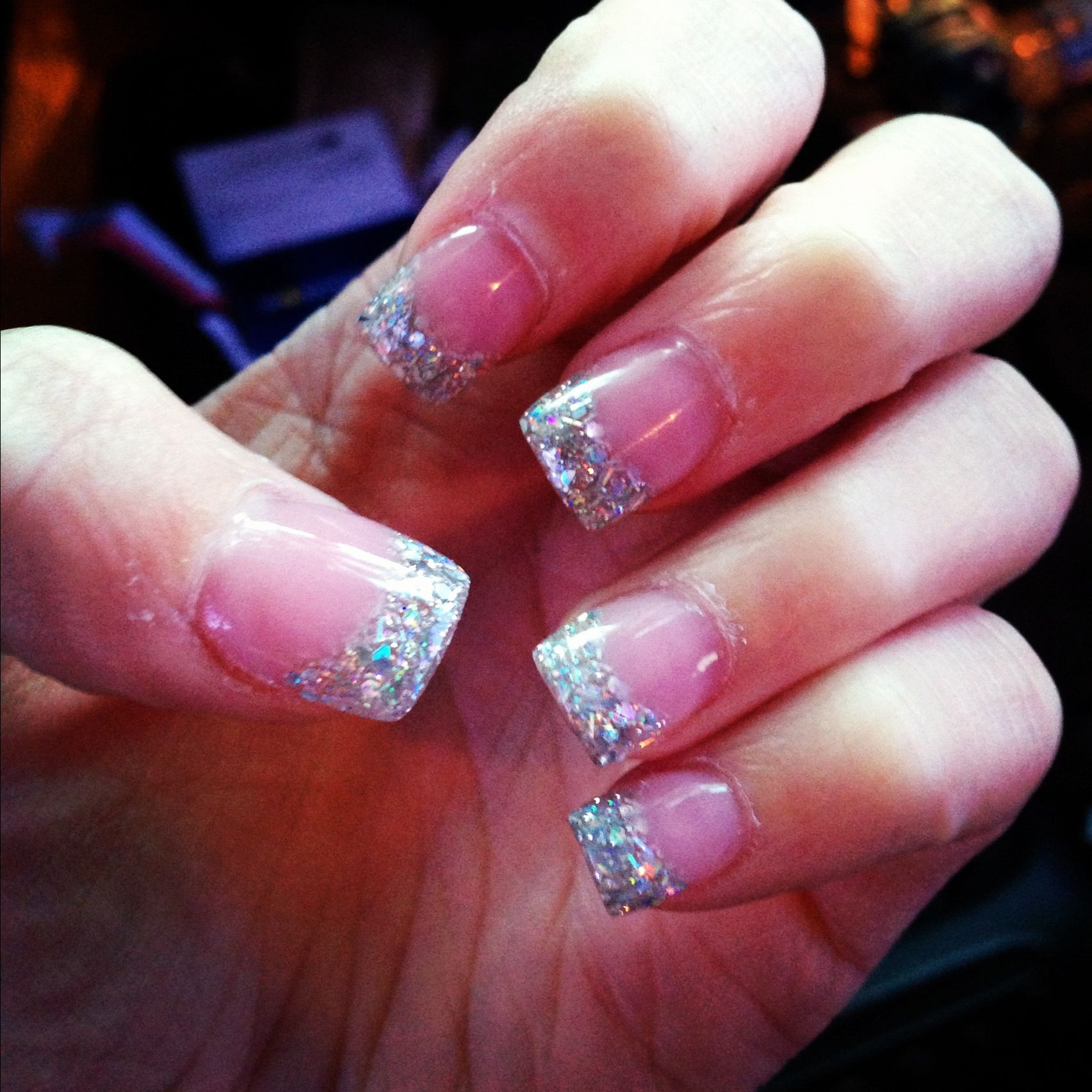 White Glitter Tip Nails
 Pink and white acrylic with glitter tips