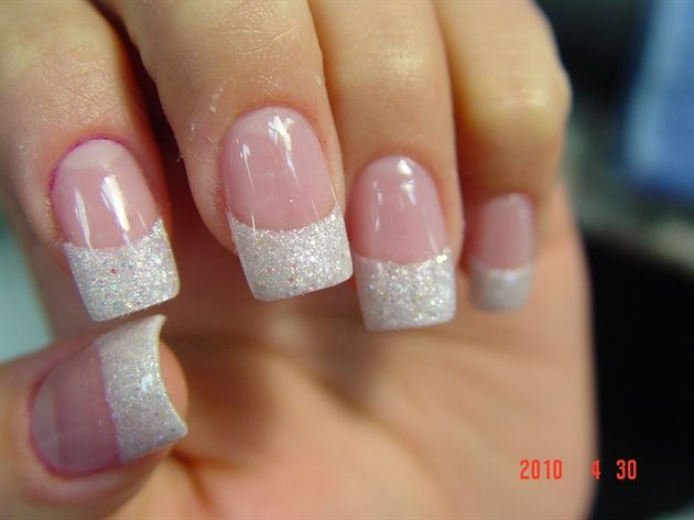 White Glitter Tip Nails
 French manicure Pinkish base coat Glittery tips
