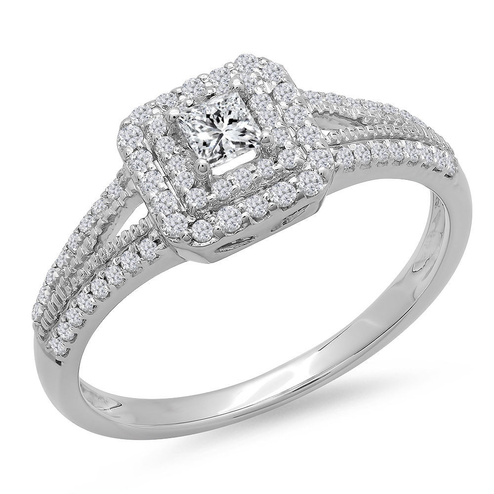 White Gold Diamond Engagement Ring
 14K White Gold Princess & Round Cut Diamond Halo