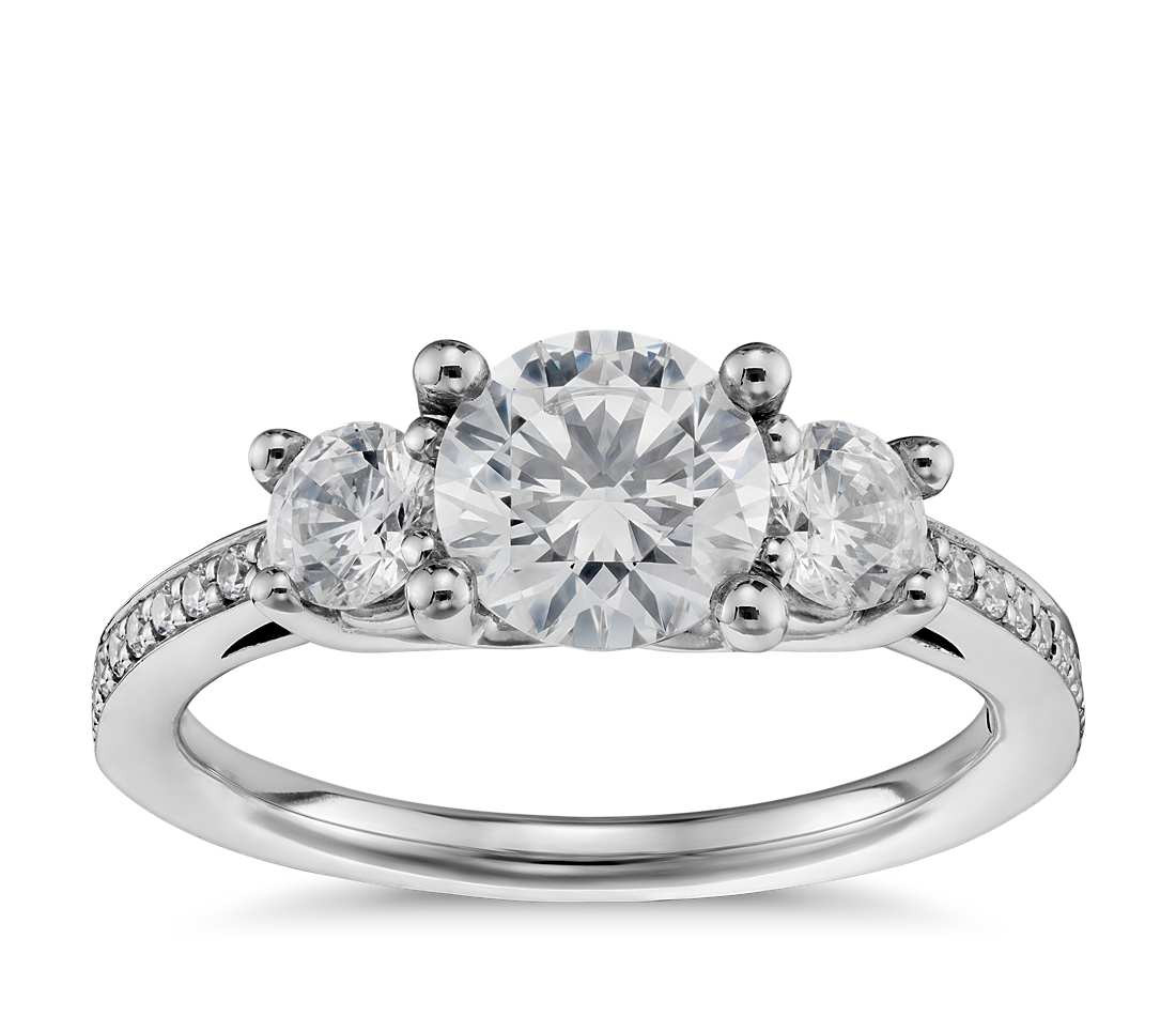 White Gold Diamond Engagement Ring
 Three Stone Pavé Diamond Engagement Ring in 14k White Gold