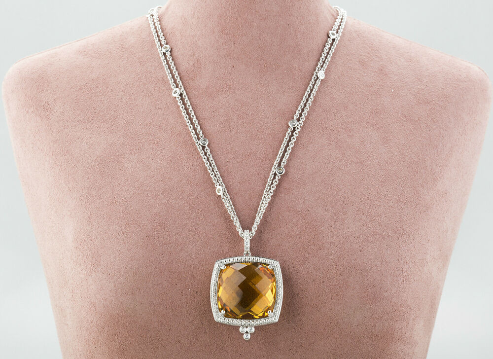 White Gold Diamond Necklace
 14k Solid White Gold Citrine Diamond Pendant Necklace
