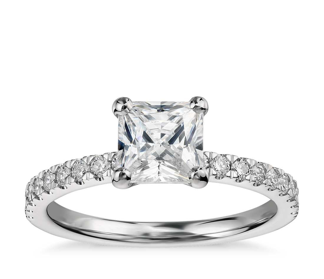 White Gold Princess Cut Engagement Ring
 1 Carat Preset Princess Cut Petite Pavé Diamond Engagement