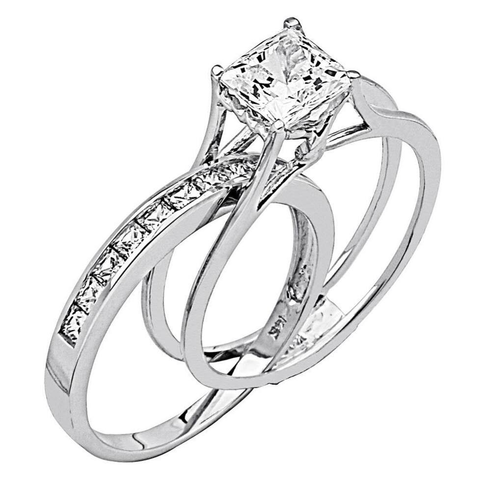 White Gold Wedding Bands Sets
 2 Ct Princess Cut 2 Piece Engagement Wedding Ring Band Set
