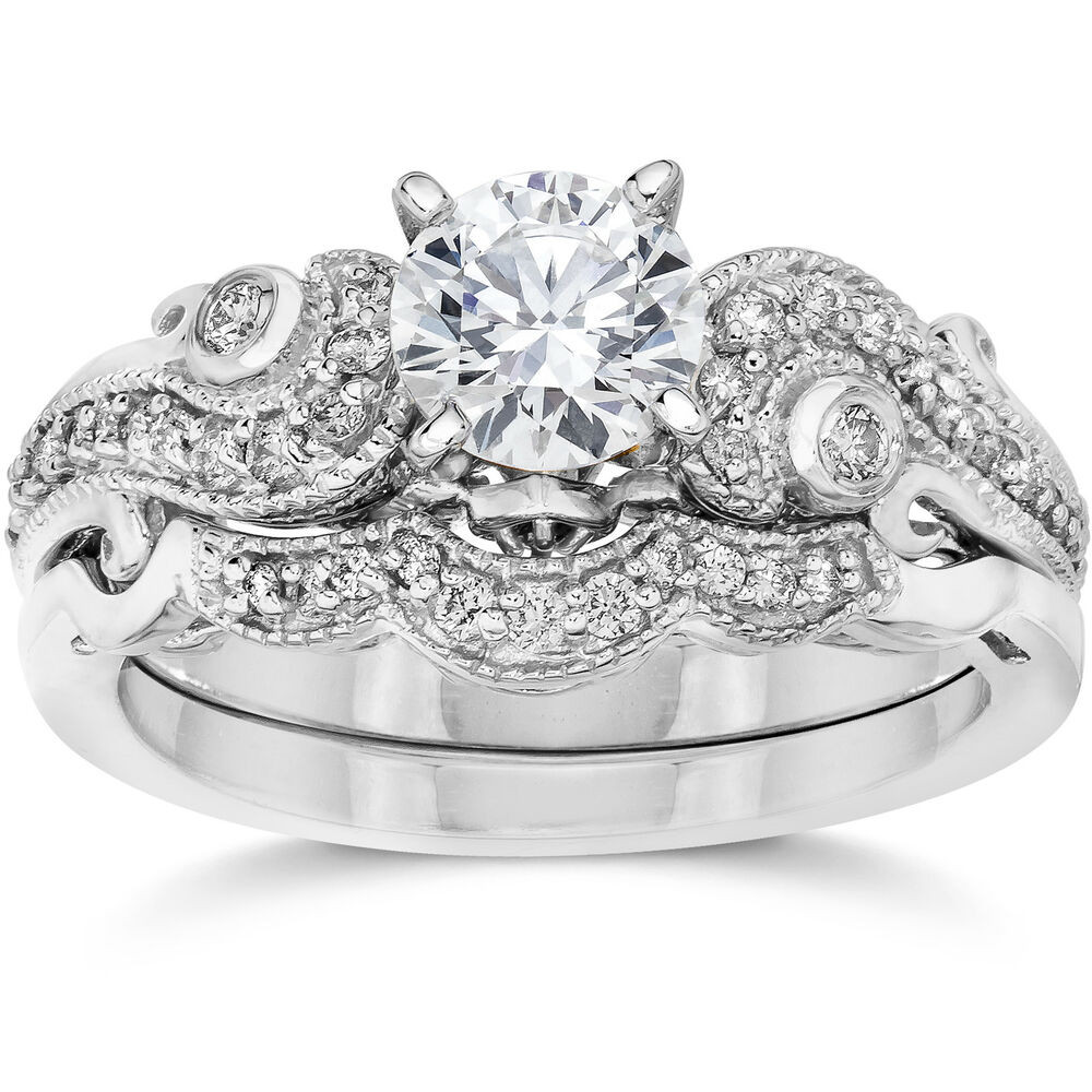 White Gold Wedding Rings Sets
 Emery 3 4Ct Vintage Diamond Filigree Engagement Wedding