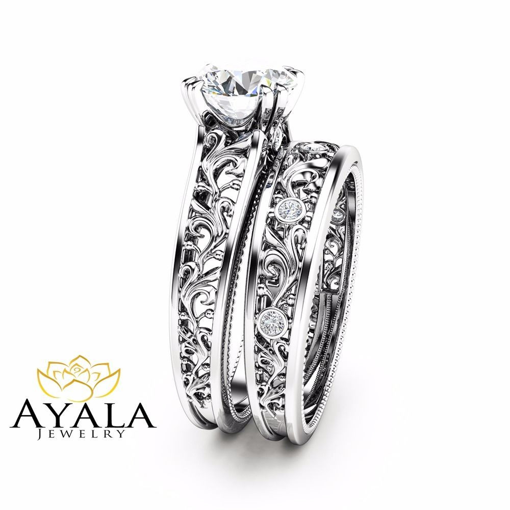 White Gold Wedding Rings Sets
 Unique Diamond Bridal Set 14K White Gold Engagement Rings