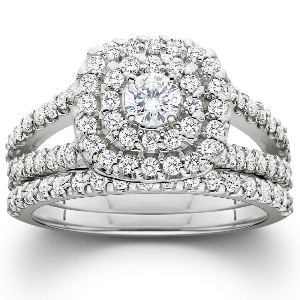 White Gold Wedding Rings Sets
 1 1 10ct Cushion Halo Diamond Engagement Wedding Ring Set