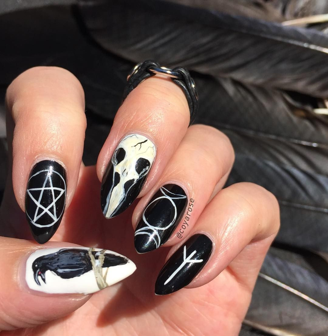 Witchy Nail Art
 Gothic crow occult witch nails nail art Nails