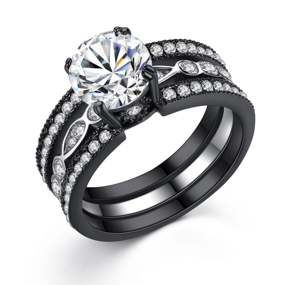 Womens Black Wedding Ring Sets
 Women s 2 18 Ct Black Stainless Round CZ Bridal Engagement