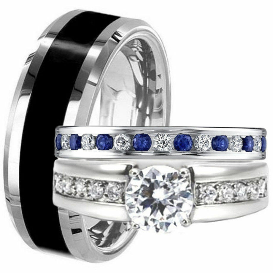 Womens Black Wedding Ring Sets
 Men s Black TITANIUM & Women s Blue Sapphire CZ Engagement