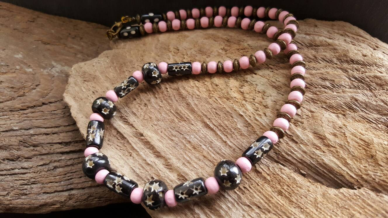 Wooden African Necklace
 SALE Pink Wooden Beaded Necklace African Bead Necklace