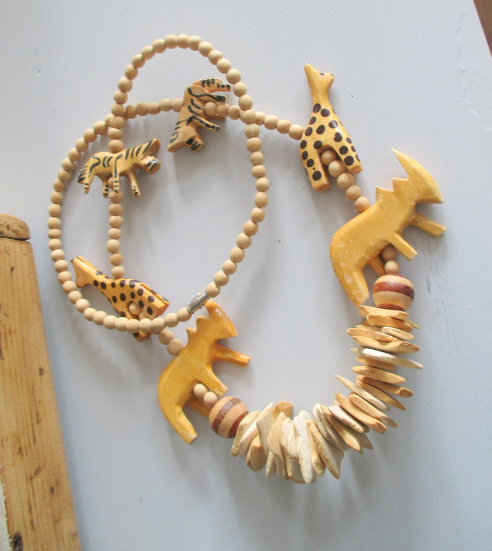 Wooden African Necklace
 sale Carved Wood Necklace Tribal Jungle Animals Necklace