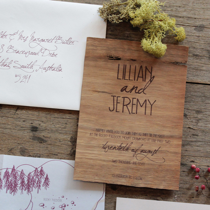 Wooden Wedding Invitations
 Earthy Wood and Floral Wedding Invitation from Akimbo