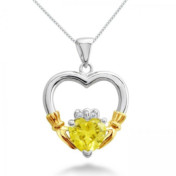 Yellow Topaz Necklace
 Sterling Silver Claddagh Necklace with Simulated Yellow