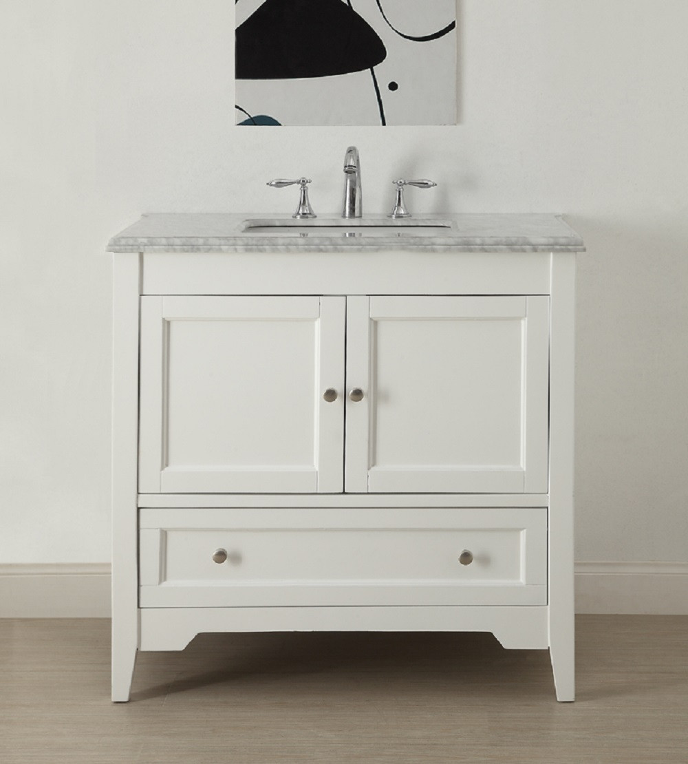 36 White Bathroom Vanity
 36 inch White Shaker Bathroom Vanity with Carrara Marble