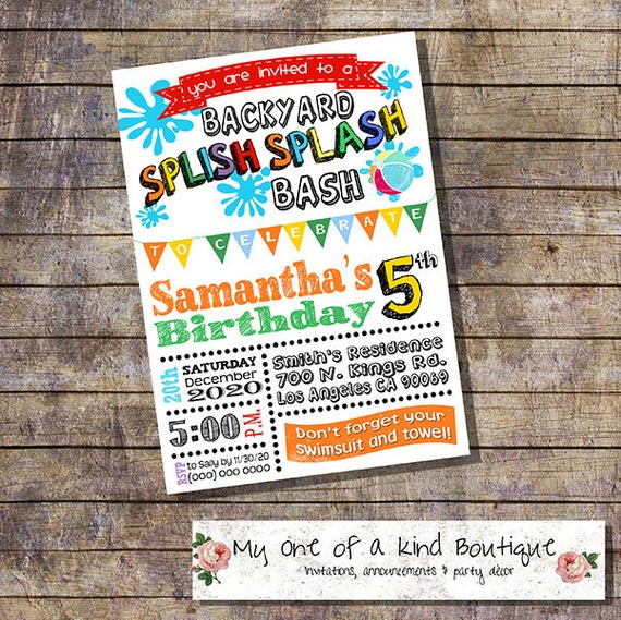 Backyard Party Invitations
 Splish Splash backyard bash birthday Party invitation summer