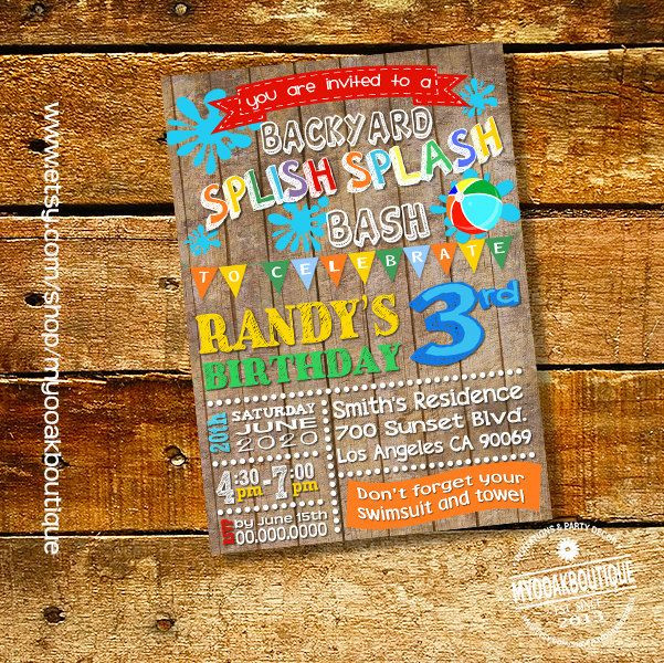 Backyard Party Invitations
 Splish Splash backyard bash birthday Party invitation