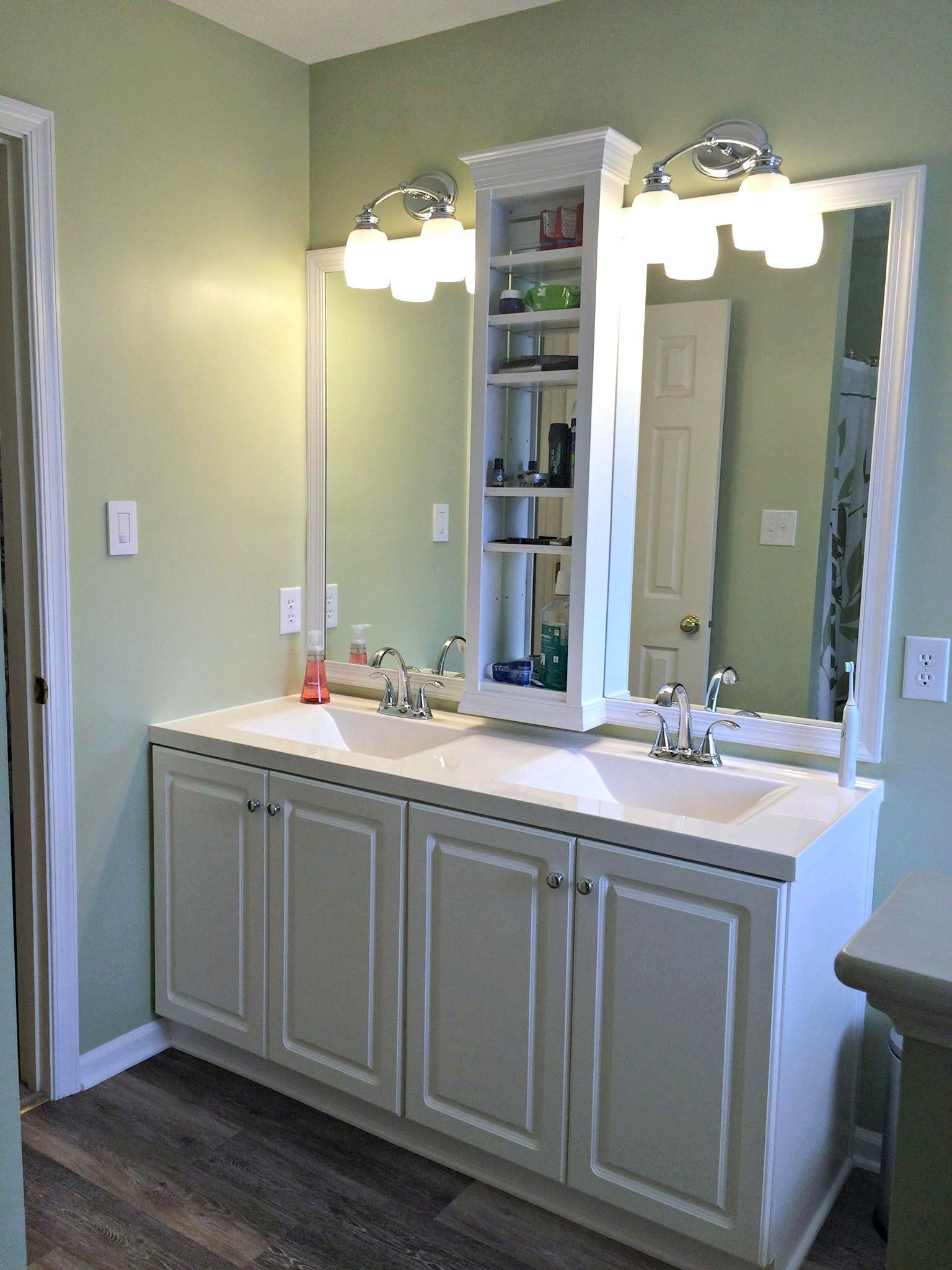 Bathroom Vanity Mirror With Shelf
 Master Bathroom vanity sink mirror update built in