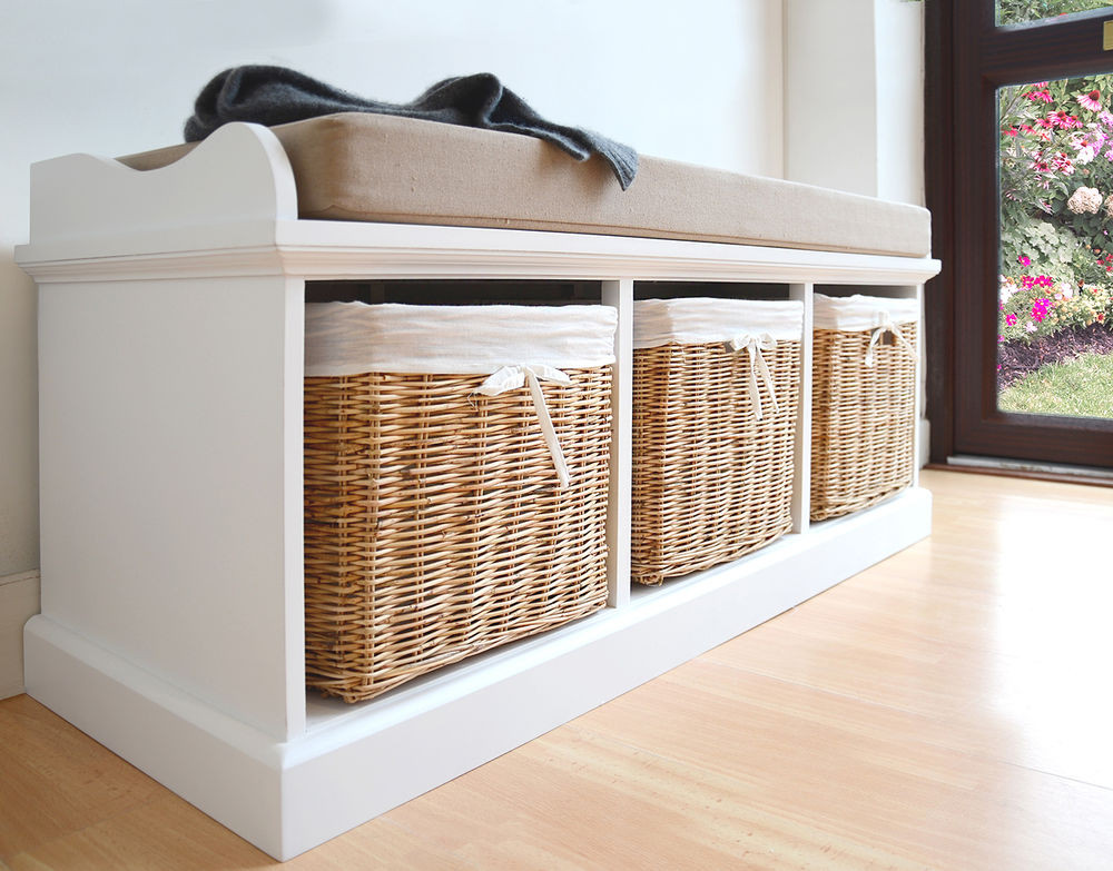 Bench With Basket Storage
 Tetbury White Bench with Cushion and Storage baskets
