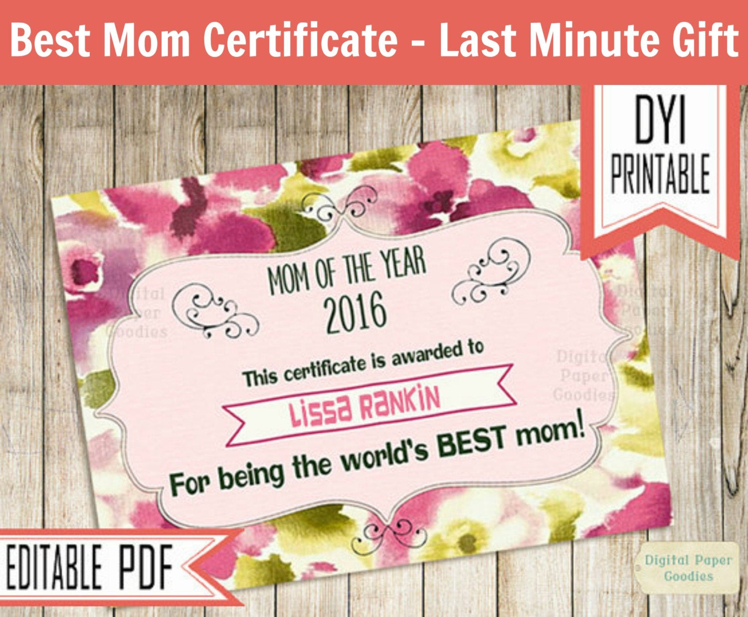 Best Mothers Day Gifts Ever
 Best Mom Ever Certificate Mothers day t last minute Gift