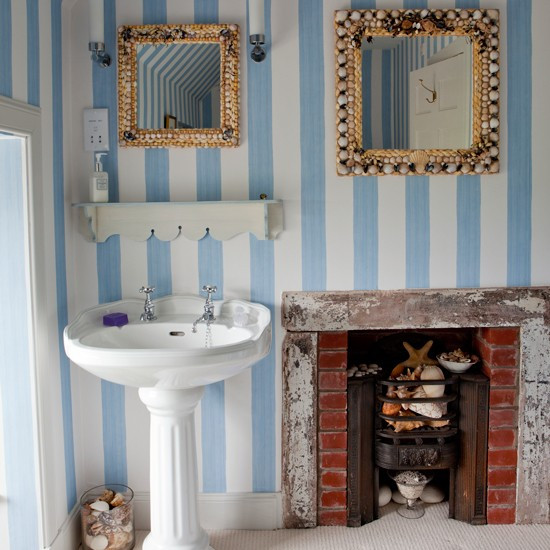 Blue Bathroom Wallpaper
 Bathroom with blue striped wallpaper