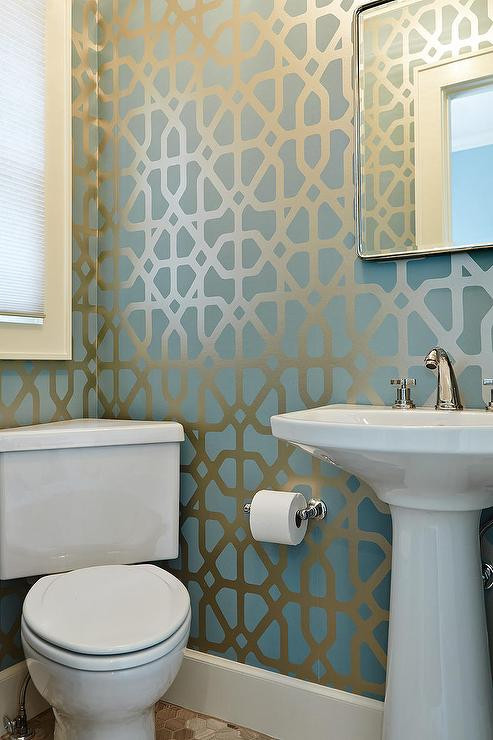 Blue Bathroom Wallpaper
 Powder Room with Blue and Gold Trellis Wallpaper