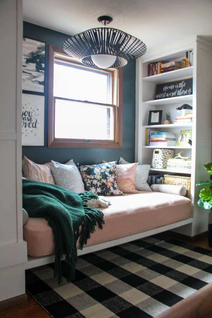 Daybed In Living Room Ideas
 Reading Nook with Built in Bookshelves Bright Green Door