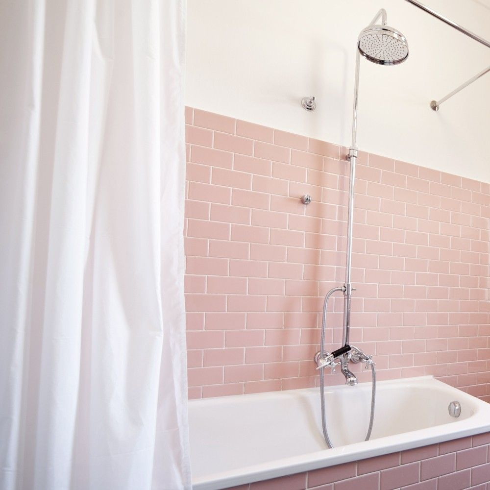 Downplay A Pink Tile Bathroom
 Covent Garden Smooth Gloss 200x100 Pink Tiles Metro Smooth