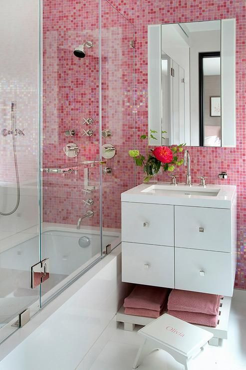 Downplay A Pink Tile Bathroom
 Contemporary bathroom features a pink grid tiled wall