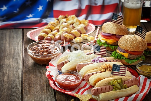 Fast Food Open On Memorial Day
 Independence Day 4th July Picnic Table stock photo