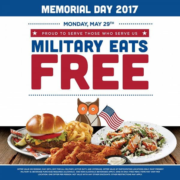 Free Food Memorial Day
 Hooters Serves Free Meals to Military on Memorial Day