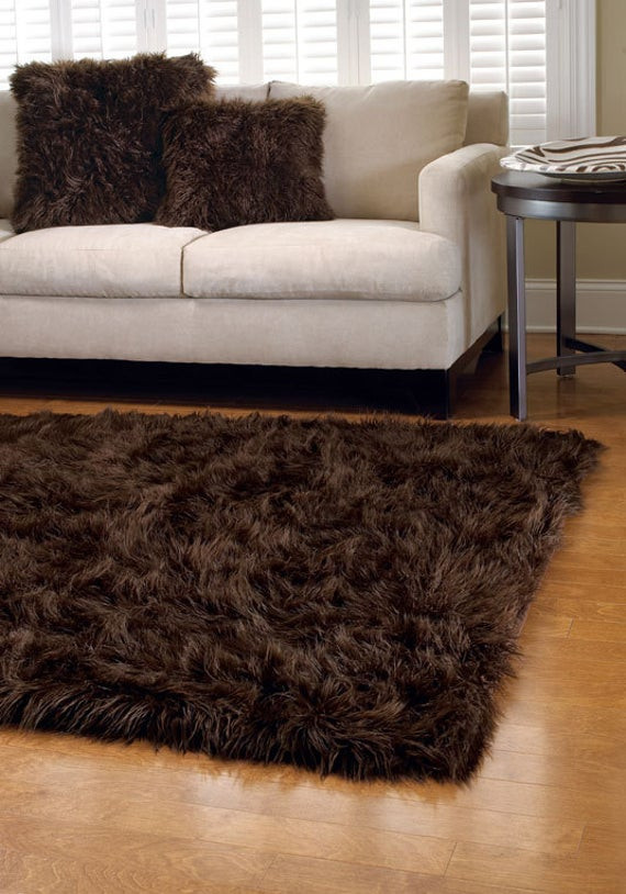 Furry Rugs For Living Room
 5 x 7 Premium DArk Brown fur rug non slip washable