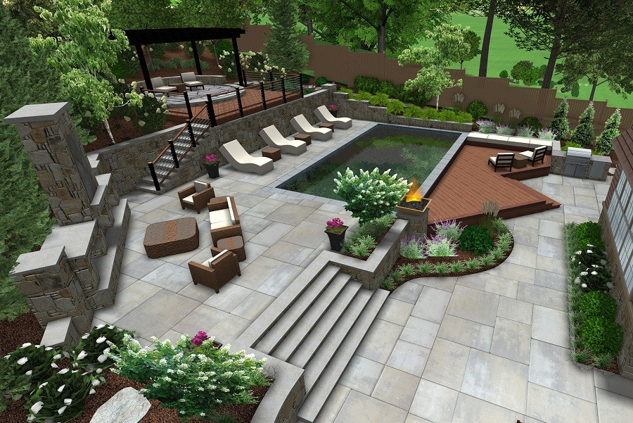 Landscape By Design
 Aerial View Landscape With Stone Patio And Pool Land