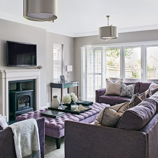Light Grey Couch Living Room
 Light grey living room with lilac sofa