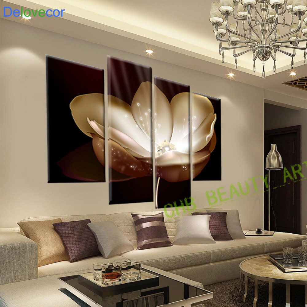 Living Room Pictures For Walls
 4 Panel Gold Flower Printed Painting Canvas Picture Wall