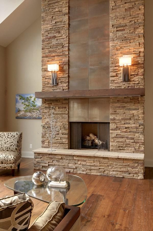 Living Room Wall Sconces
 Stylish modern stone fireplace wall sconces on both sides