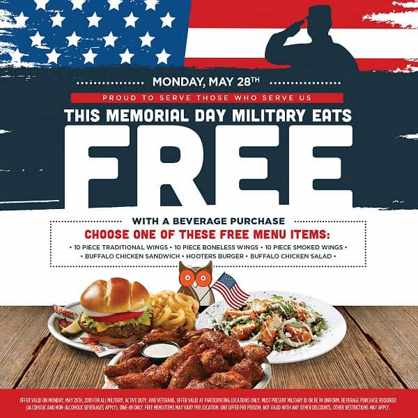Memorial Day Free Food
 Military Eats Free at Hooters this Memorial Day