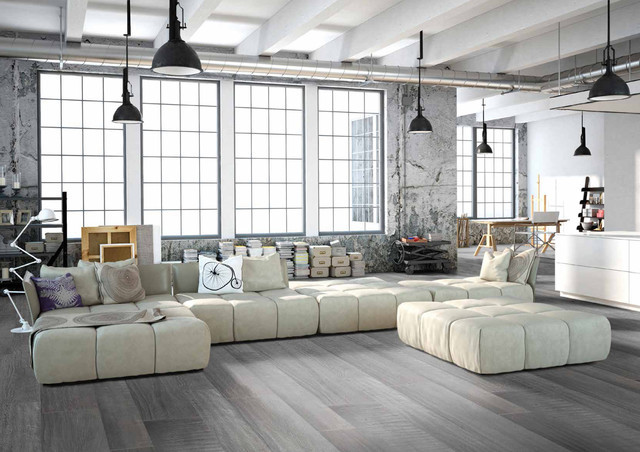 Modern Gray Living Room
 Modern grey loft style living room with porcelain wood