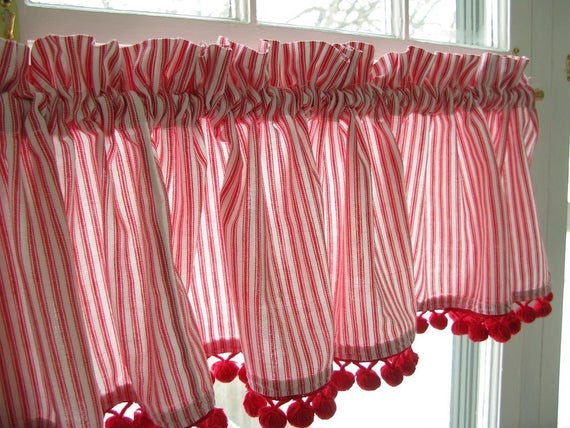 Red And White Kitchen Curtains
 Curtain Valance Red White Ticking