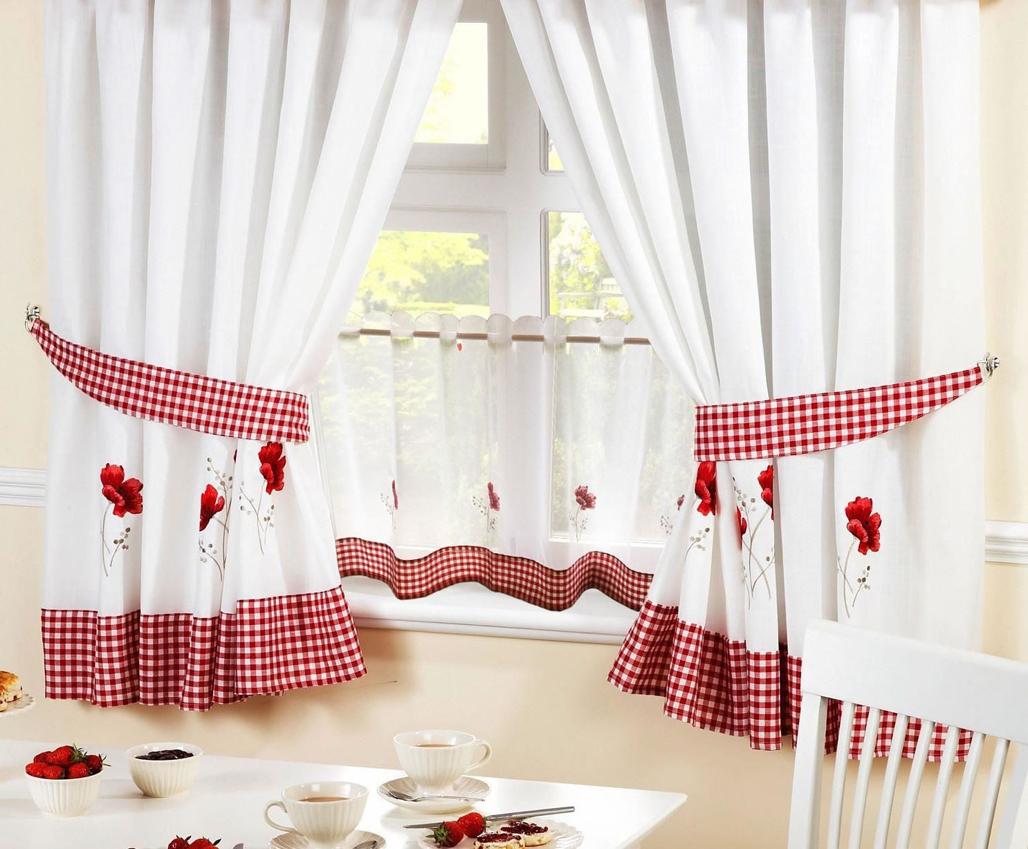 Red And White Kitchen Curtains
 POPPIES RED EMBROIDERED GINGHAM KITCHEN CURTAINS & 24