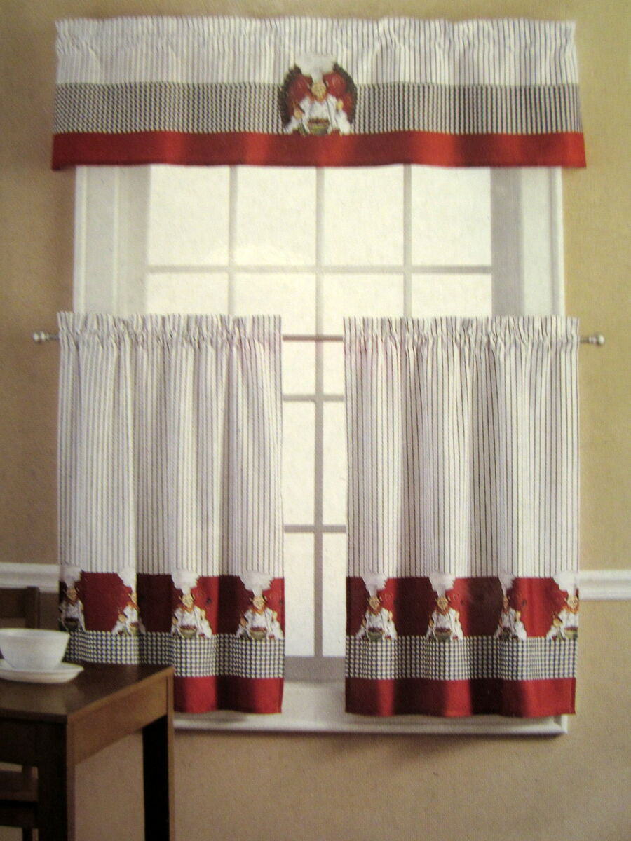 Red Kitchen Curtains
 Chef Pasta French Italian Red Black 36L Tiers Valance