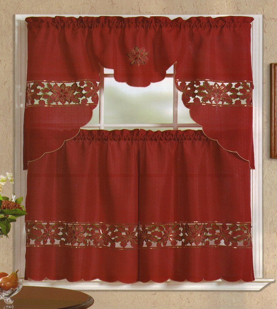 Red Kitchen Curtains
 Poinsettia Embroidered Flower Kitchen Curtain Valance