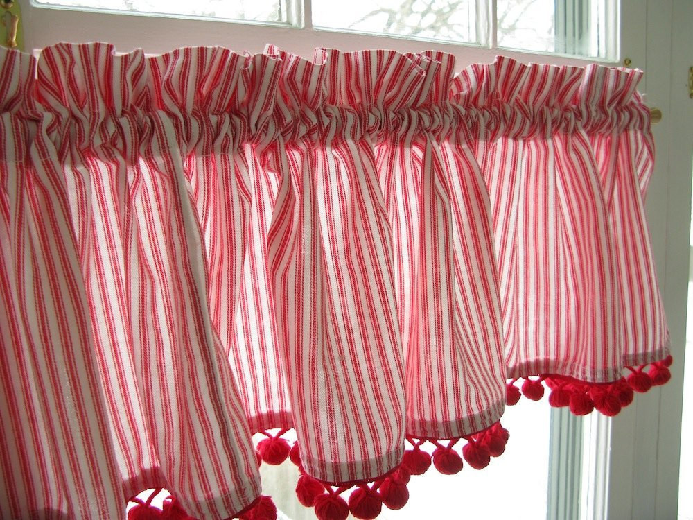 Red Kitchen Curtains
 Curtain Valance Red White Ticking