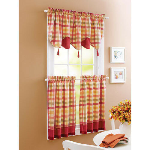 Red Kitchen Curtains
 Red Green Yellow Tan COUNTRY PLAID Kitchen Curtains