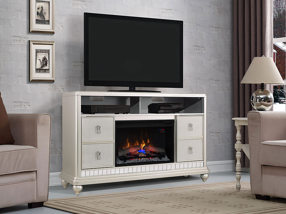 Silver Electric Fireplace
 Diva Electric Fireplace TV Stand in Platinum Silver